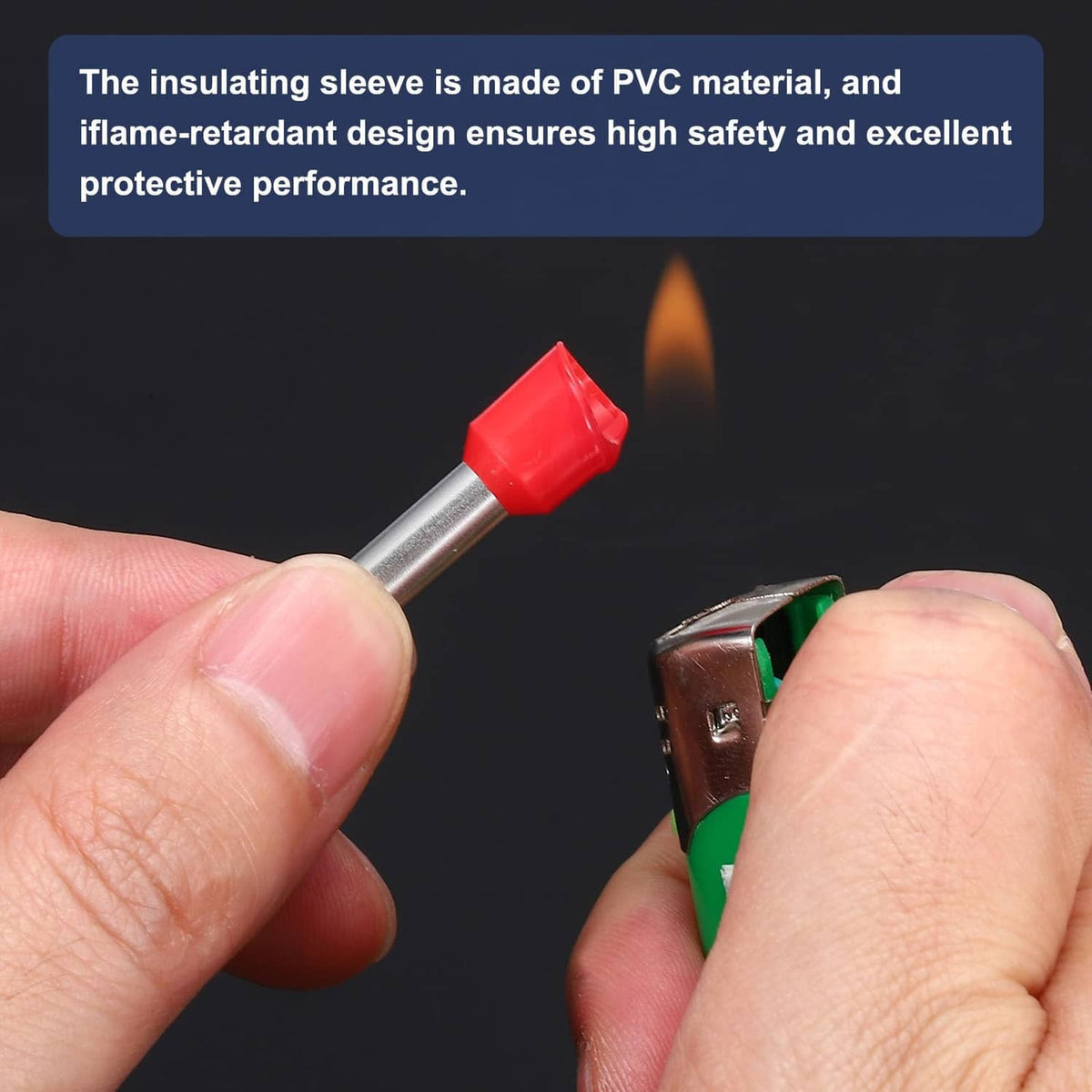 Green wire ferrule connector with silver crimp sleeve held between fingers