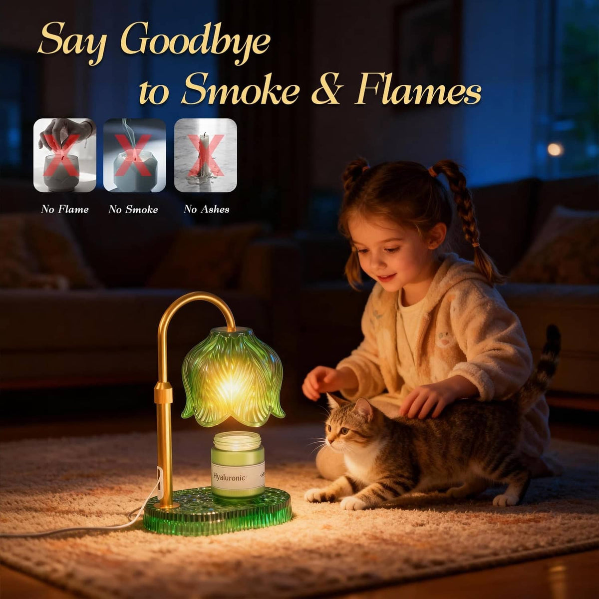 Green glass flower candle warmer lamp on ridged base with lit candle jar