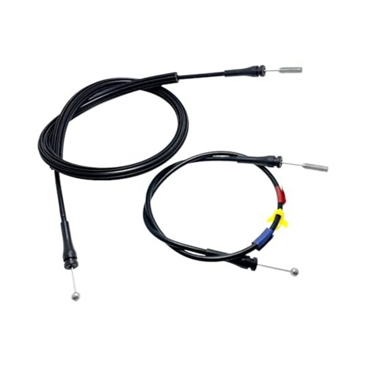 Car door latch release cable set with black wiring and silver metal connector ends