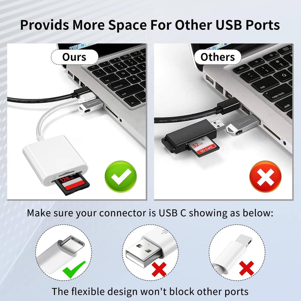 White USB-C SD and microSD reader with compact connector for nearby USB ports