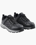 Men's black lace-up athletic work sneakers with geometric side pattern and chunky outsole