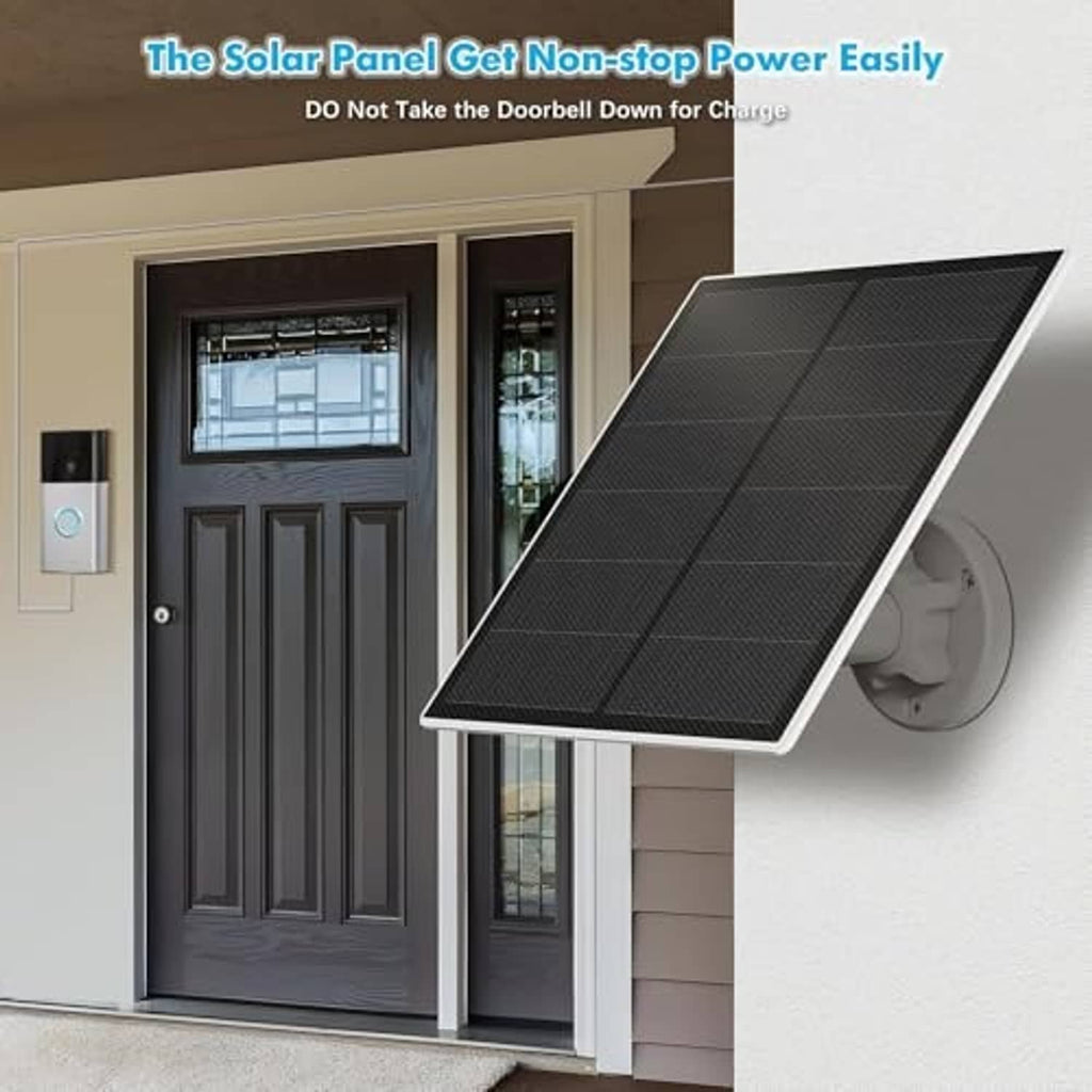 Solar panel charger installed beside a doorbell on a wall with mounting bracket and cable