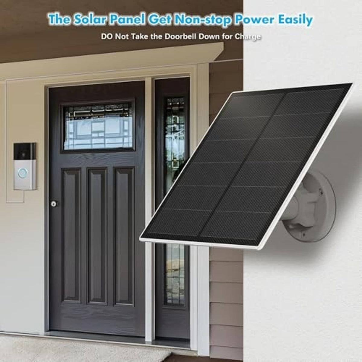 Solar panel charger installed beside a doorbell on a wall with mounting bracket and cable