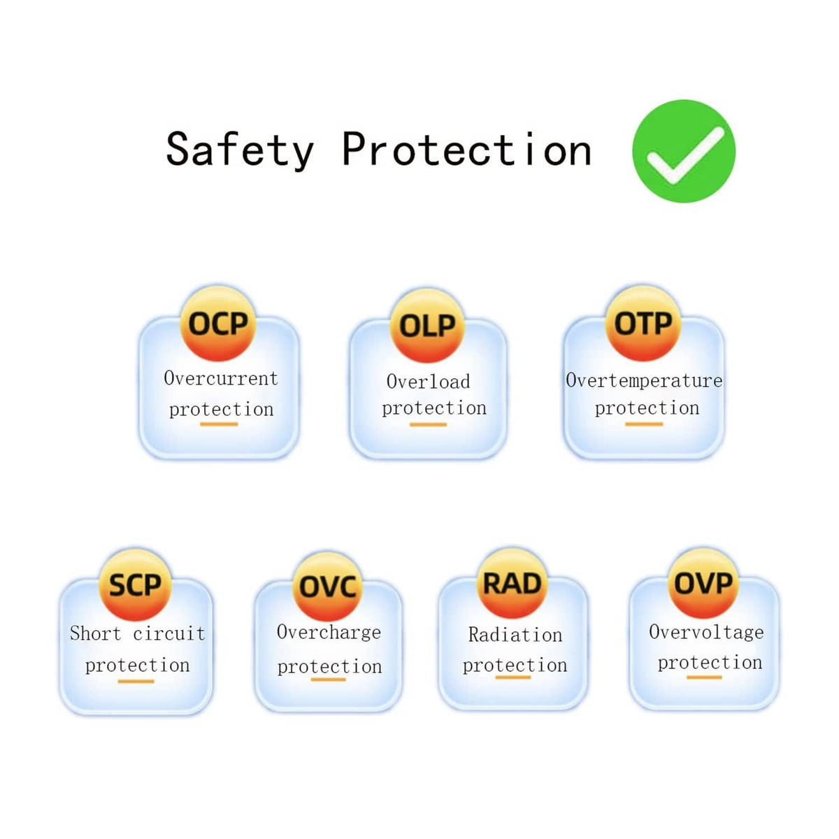 Vacuum charger safety protection icons: overcurrent, overload, overtemperature