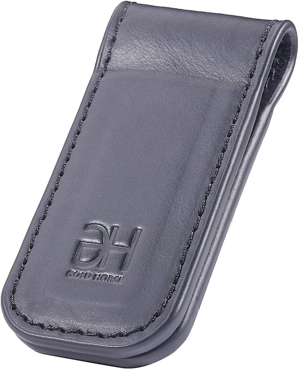 Grey leather magnetic money clip with EH logo, angled view of slim sleeve