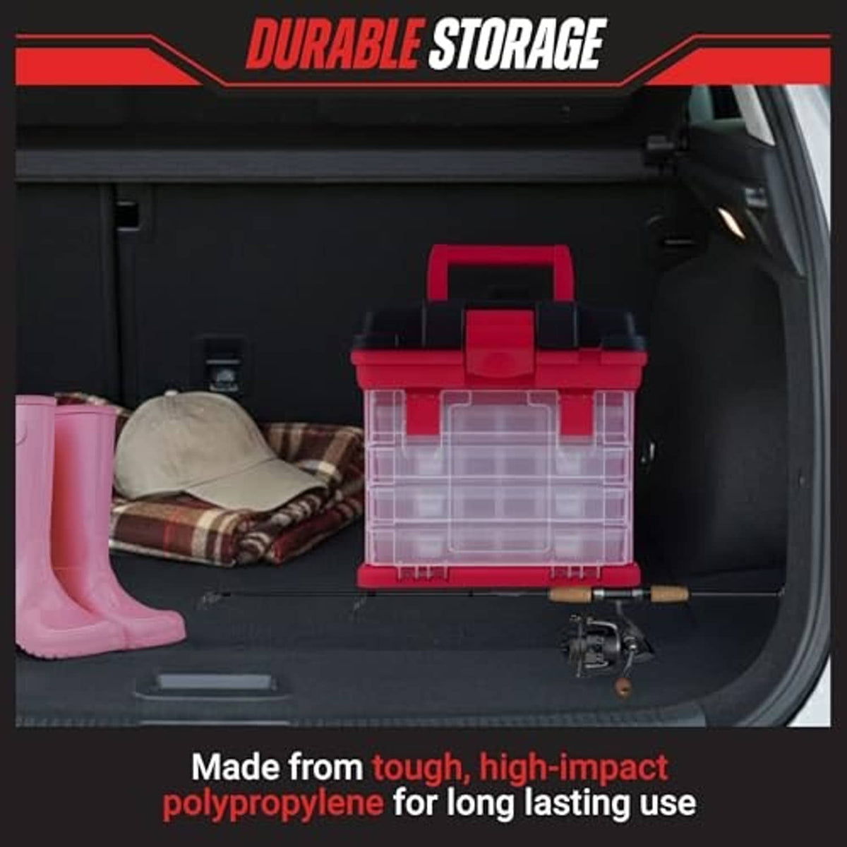 Red small parts storage organizer in a vehicle trunk with clear drawer compartments