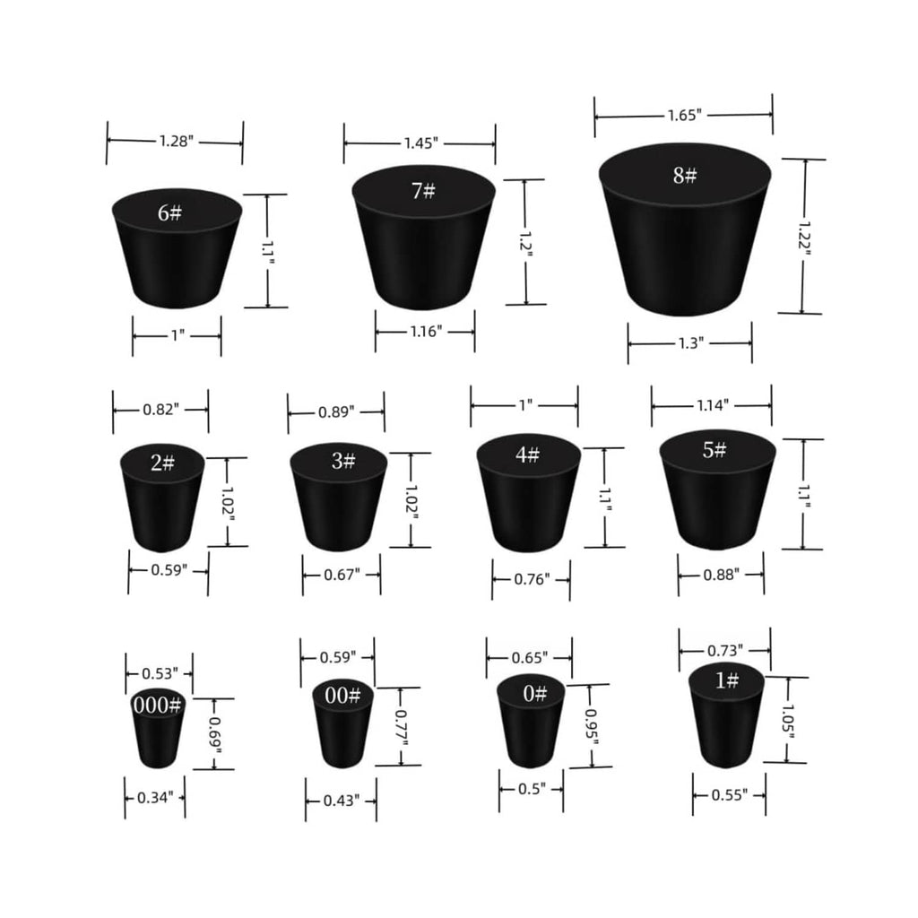 Black lab stopper size chart with numbered cup tops and cylindrical stems
