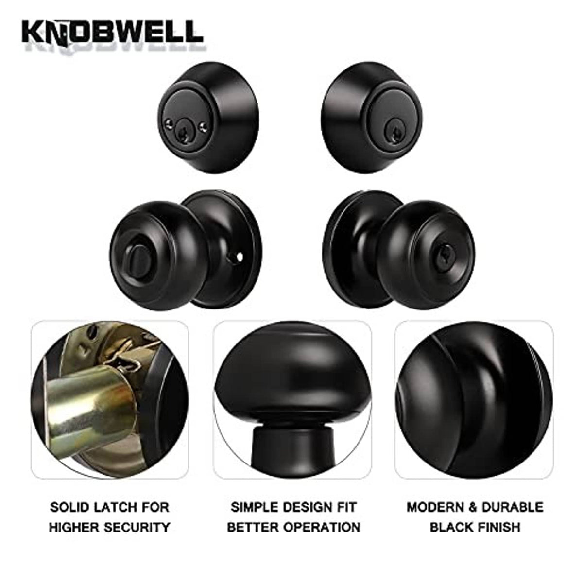 Matte black lock set with round knobs and deadbolt backplate pieces