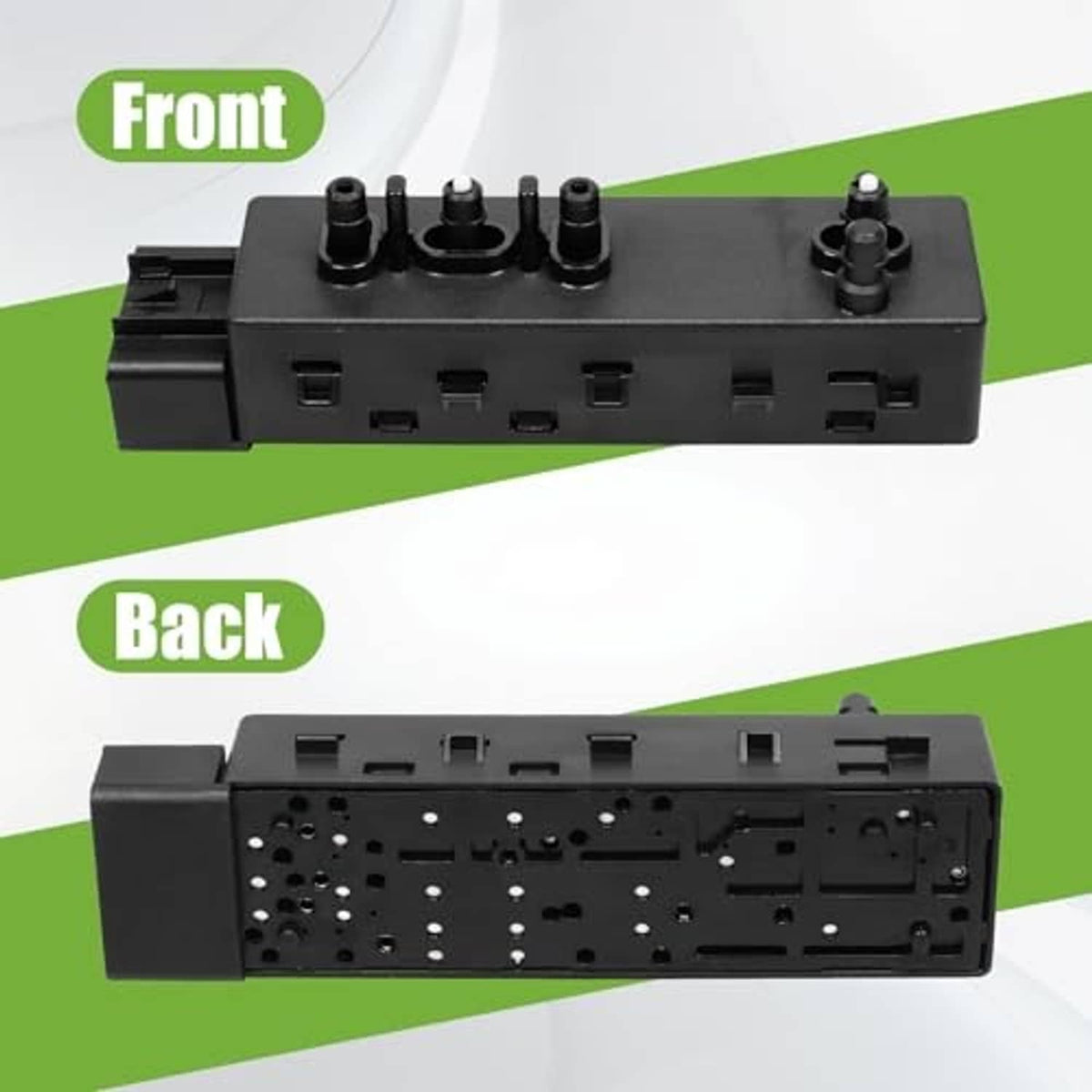 Power seat switch module front and rear views, black housing