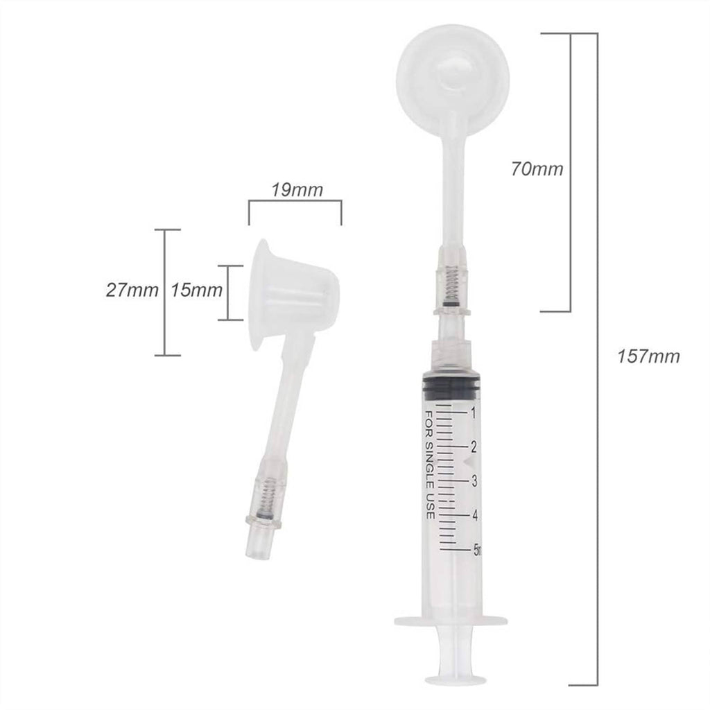 Nipple corrector device diagram with suction cup tips and syringe length markings