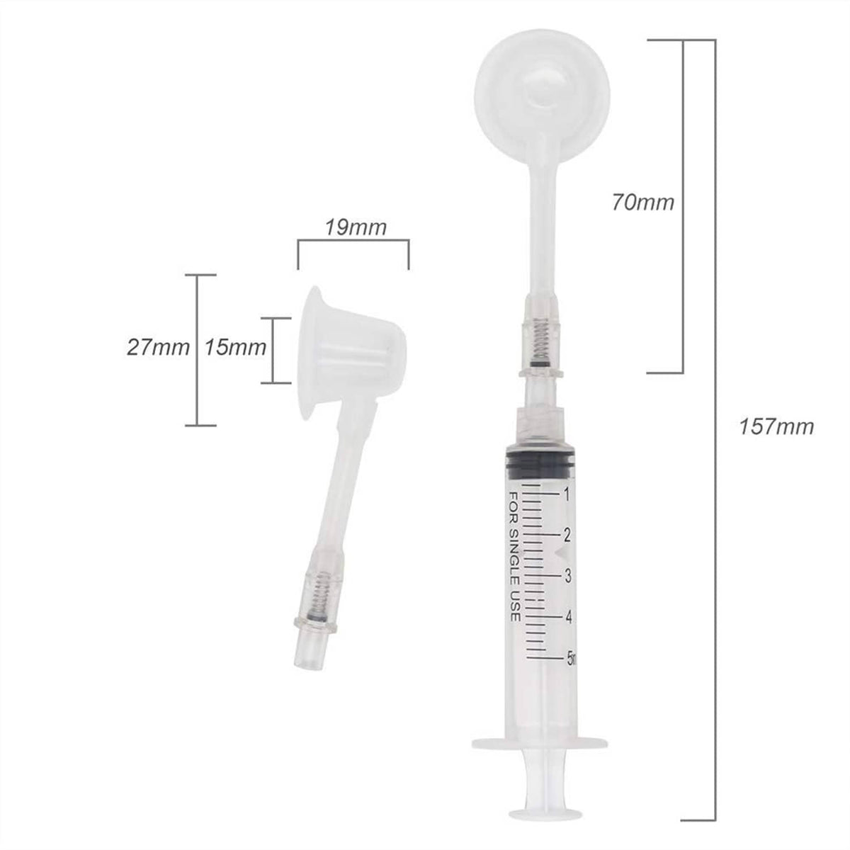 Nipple corrector device diagram with suction cup tips and syringe length markings