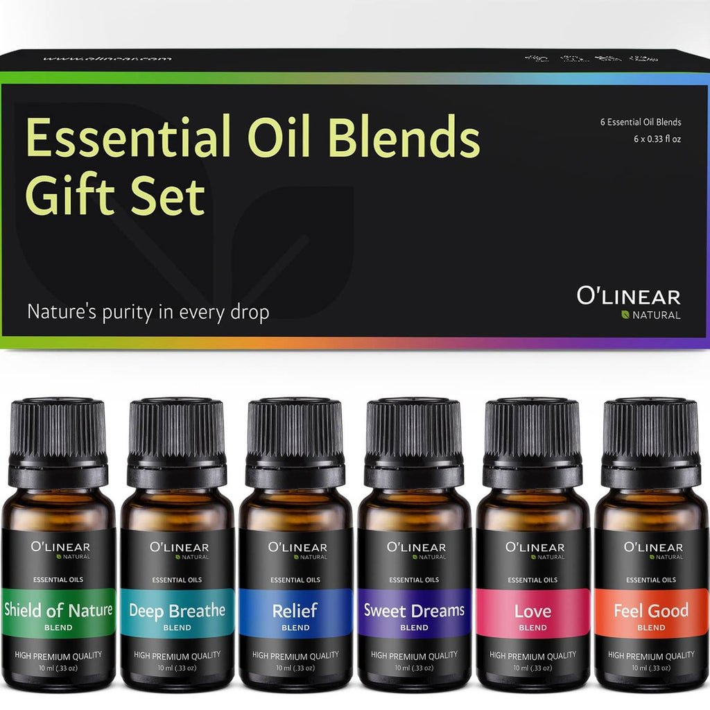 Essential oil blends gift set box with six dark amber bottles and black ribbed caps