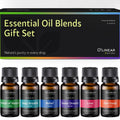 Essential oil blends gift set box with six dark amber bottles and black ribbed caps