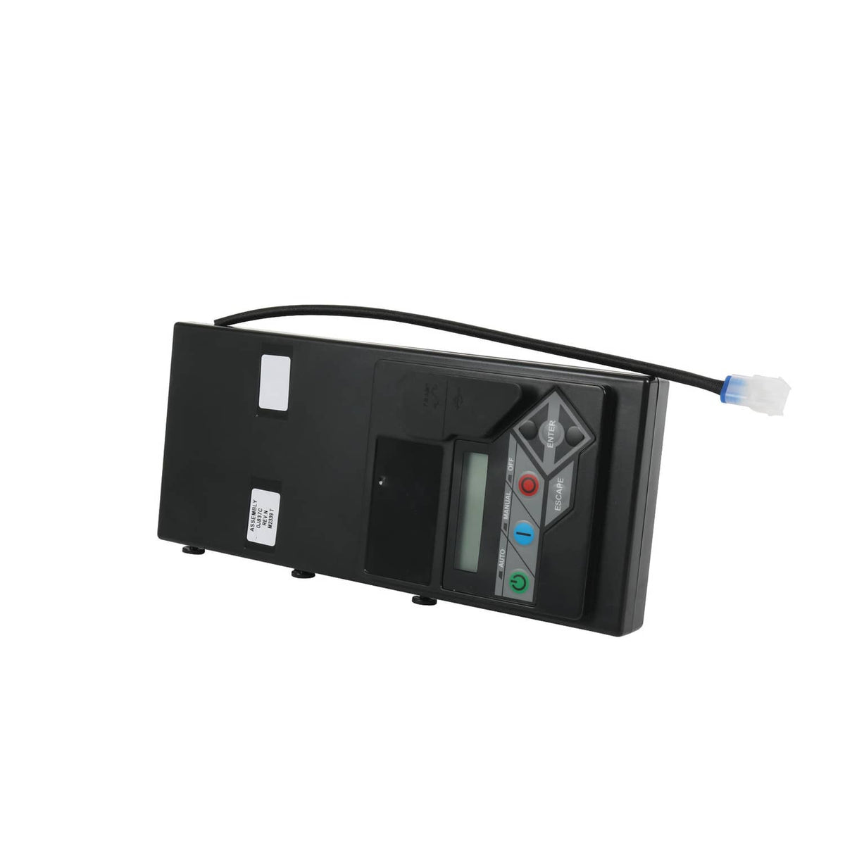 Black generator standby control panel assembly with status icons and cable