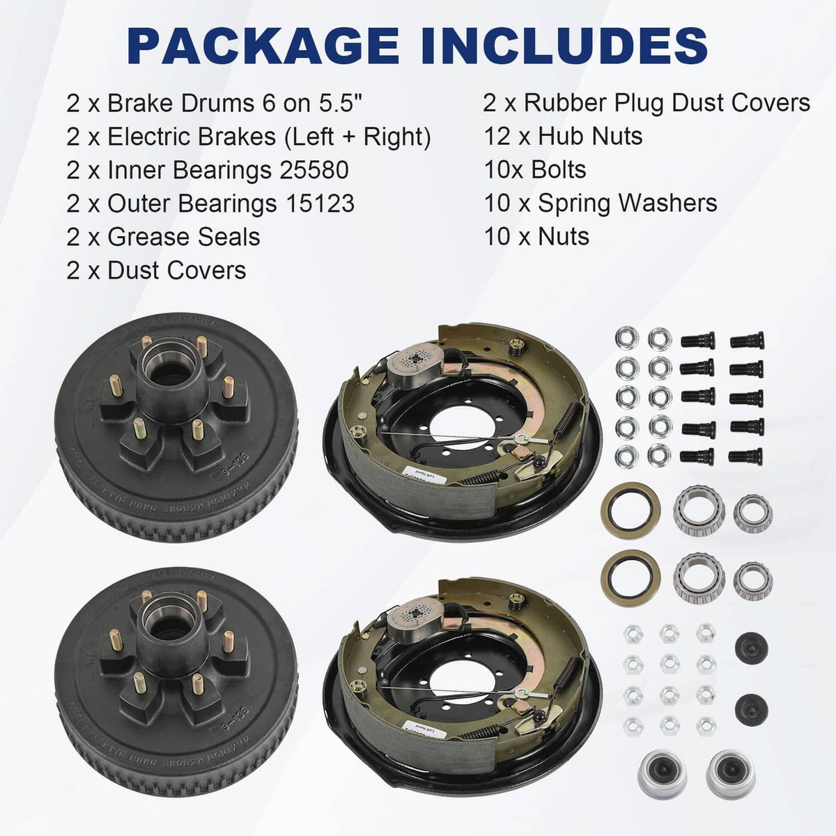 Brake drum kit contents with two drums, bolts, nuts, washers, and dust covers