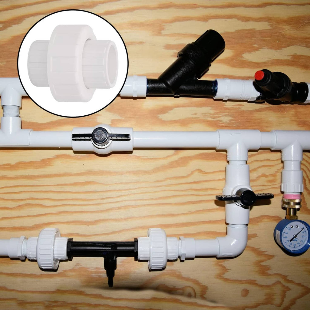White PVC union coupling used on a plumbing pipe connection, socket ends