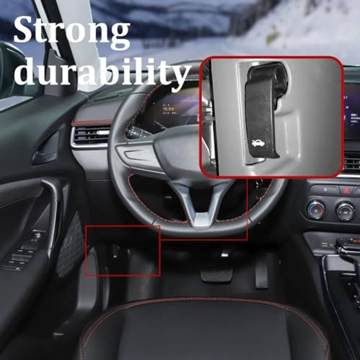 Black hood release pull handle installed in car interior, highlighted close-up inset