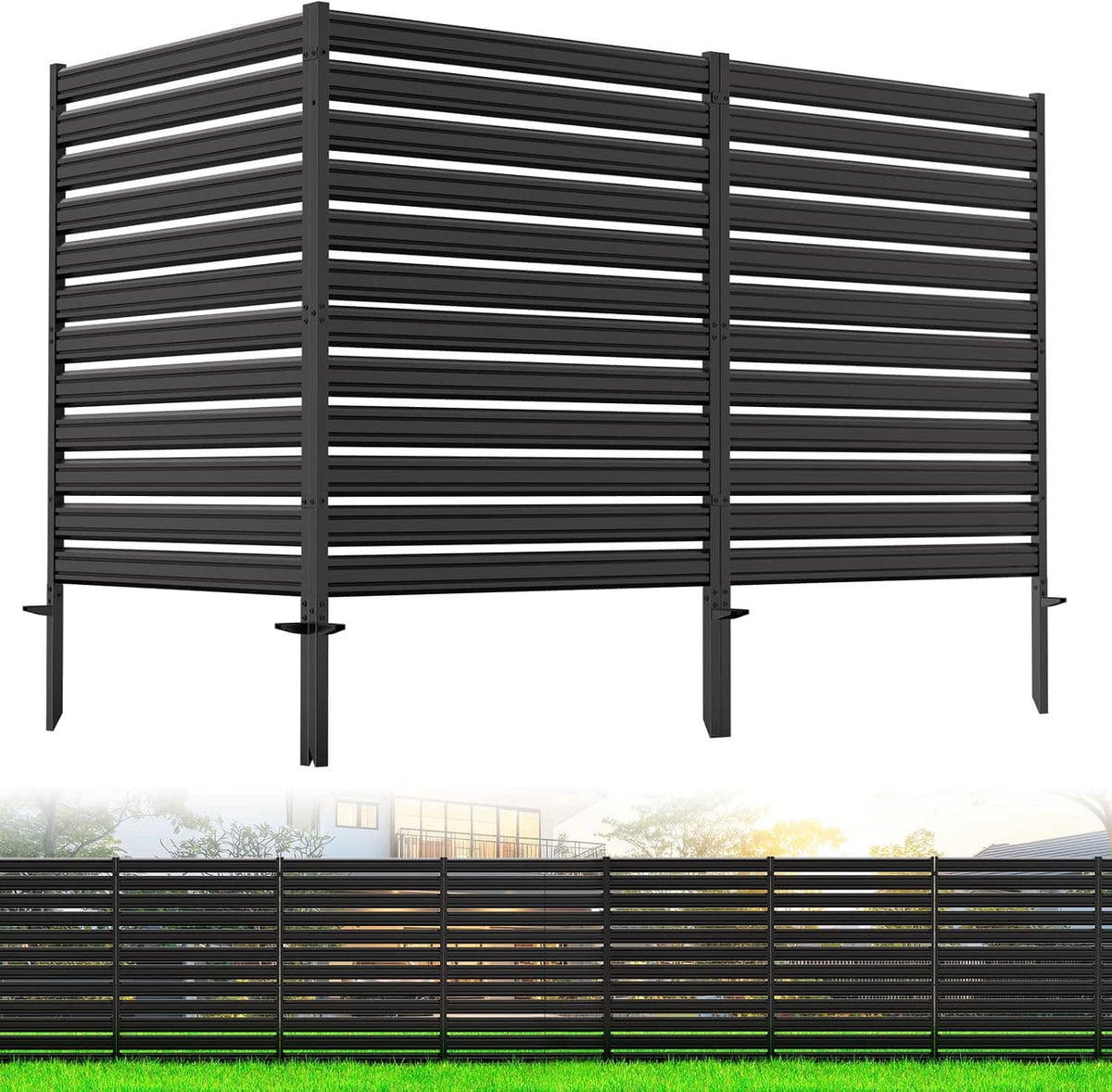 Three-panel black metal privacy fence screen with horizontal slats, 38 in wide.