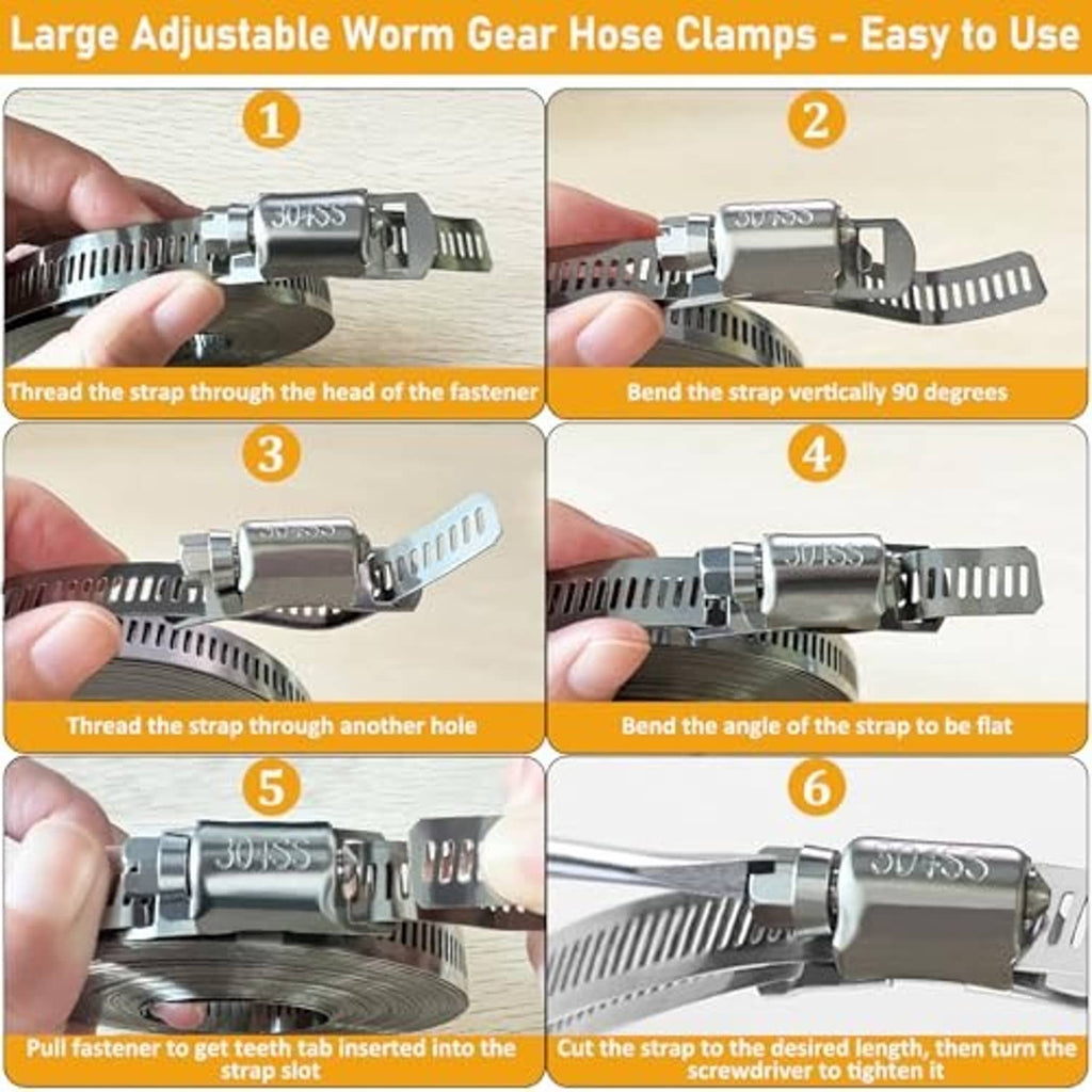 Large stainless steel worm gear hose clamp being adjusted with perforated strap