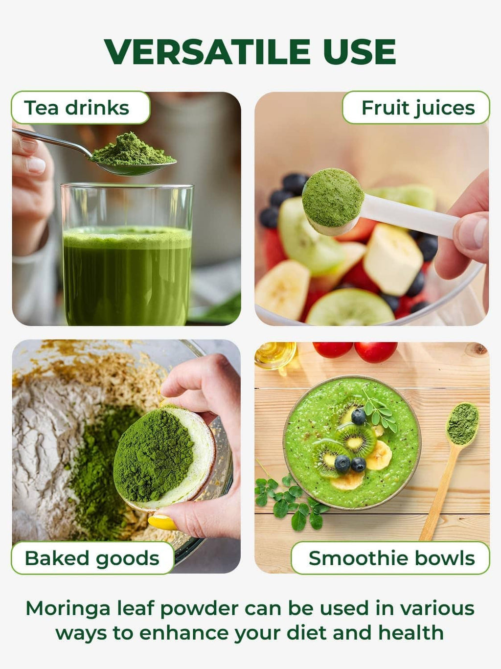 Moringa leaf powder uses: tea drinks, fruit juices, baked goods, smoothie bowls