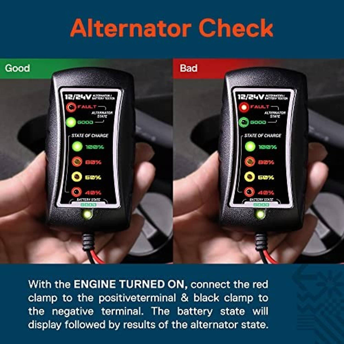 Handheld 12/24V battery and alternator tester with clamp leads near engine bay