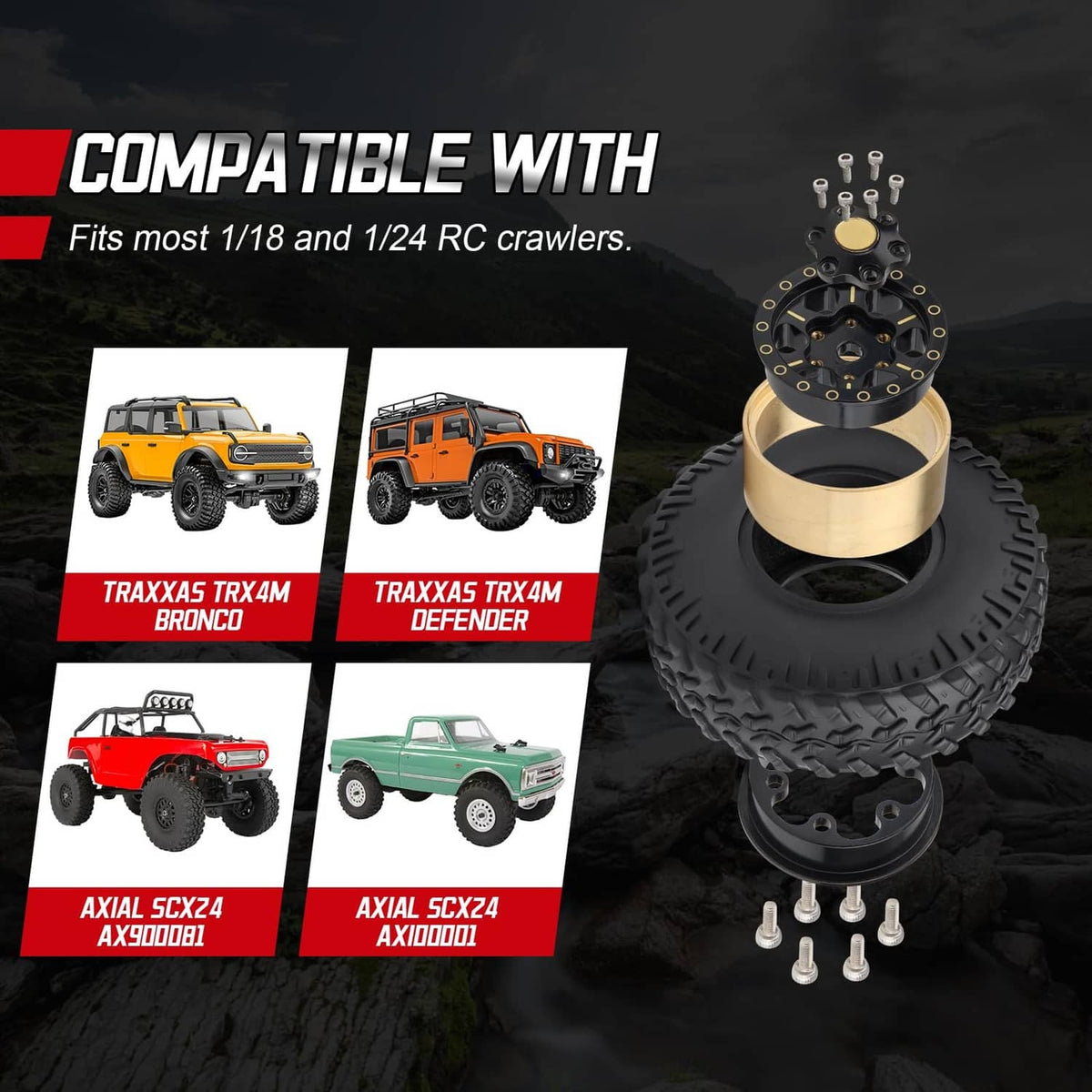 Brass beadlock wheels with black tires and metal mounting hardware bolts