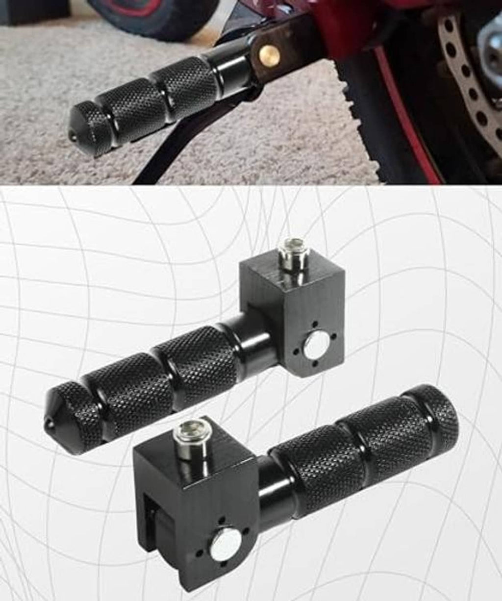 Motorcycle foot peg set with knurled grips and square black mounting brackets
