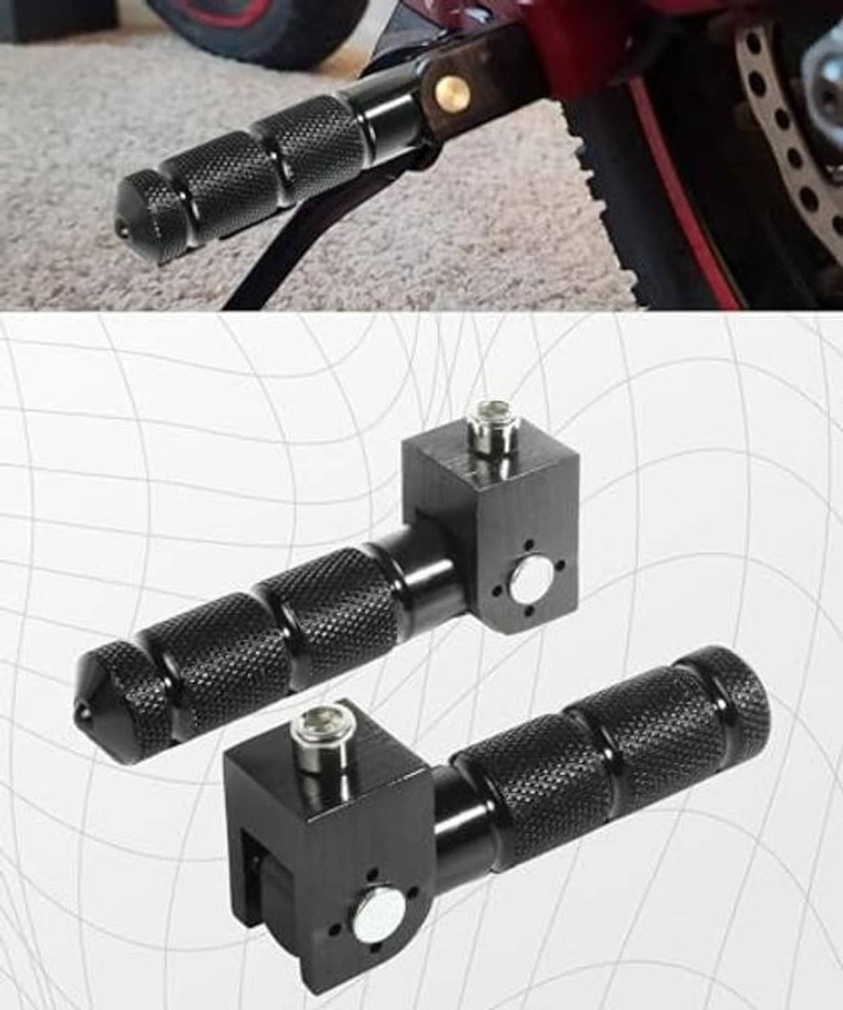 Motorcycle foot peg set with knurled grips and square black mounting brackets