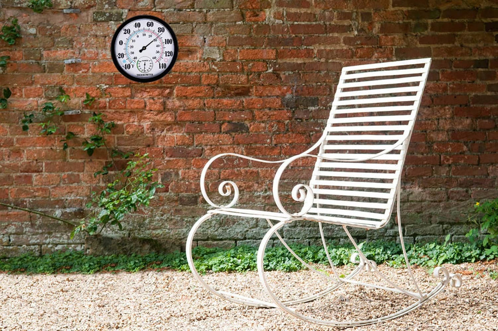 Round black wall thermometer and hygrometer with analog temperature and humidity gauges