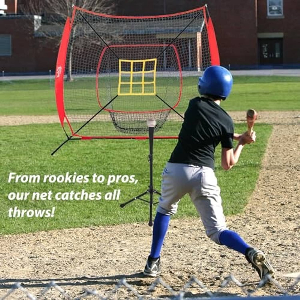 Baseball training net in use with a player pitching toward the yellow target zone