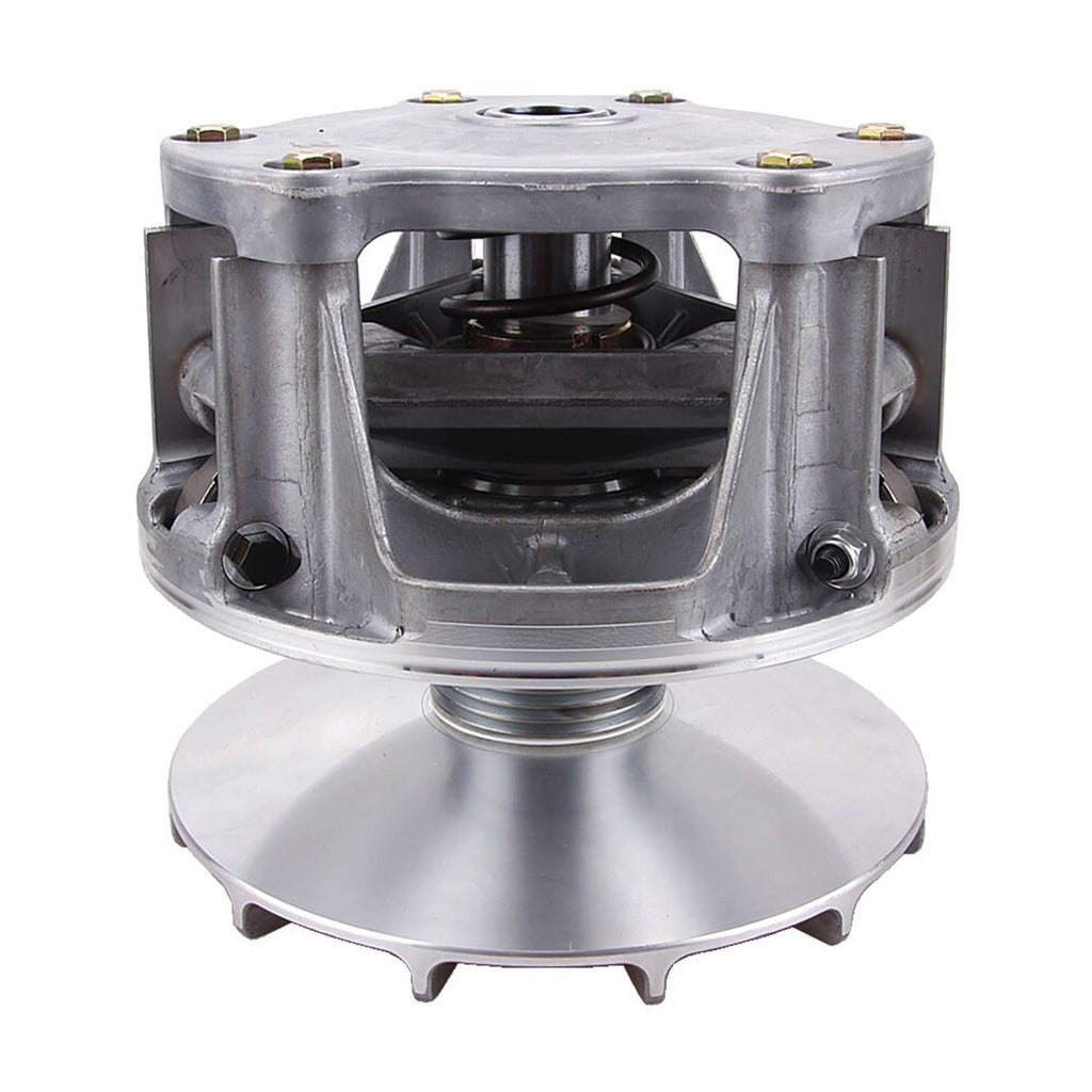 Metal primary drive clutch assembly with vented housing and spring-loaded center
