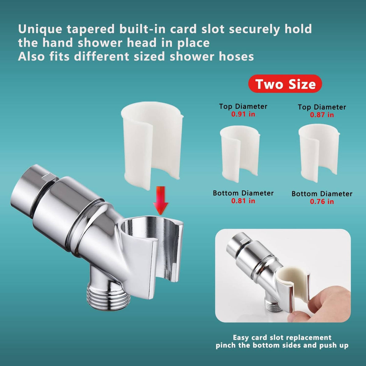 Chrome shower head holder with two white card-slot sizes and pivot joint