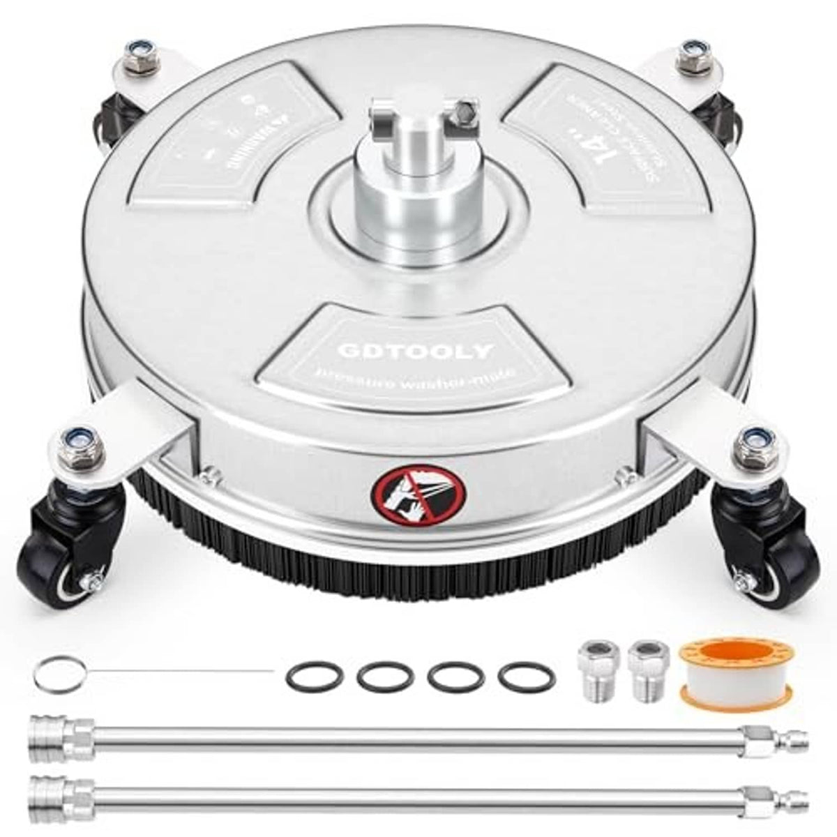 14-inch stainless steel pressure washer surface cleaner with rotary spray nozzles and wheels