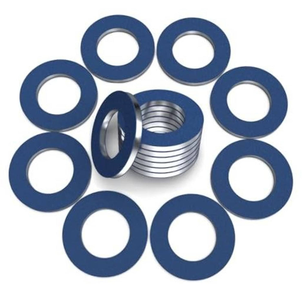 Blue oil drain plug gaskets with metal threaded crush washer rings, 24-piece set