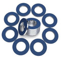 Blue oil drain plug gaskets with metal threaded crush washer rings, 24-piece set