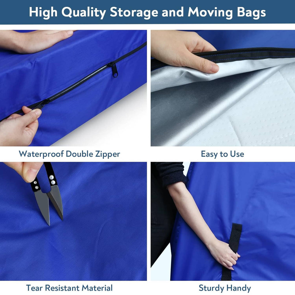 Blue mattress moving bag with double zipper and reinforced tear-resistant fabric