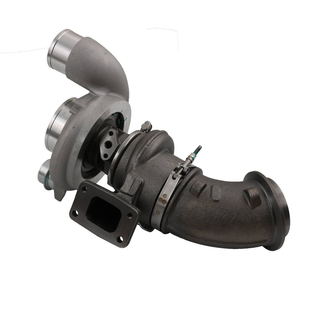Turbocharger assembly with compressor housing, elbow pipe and side mounting bracket