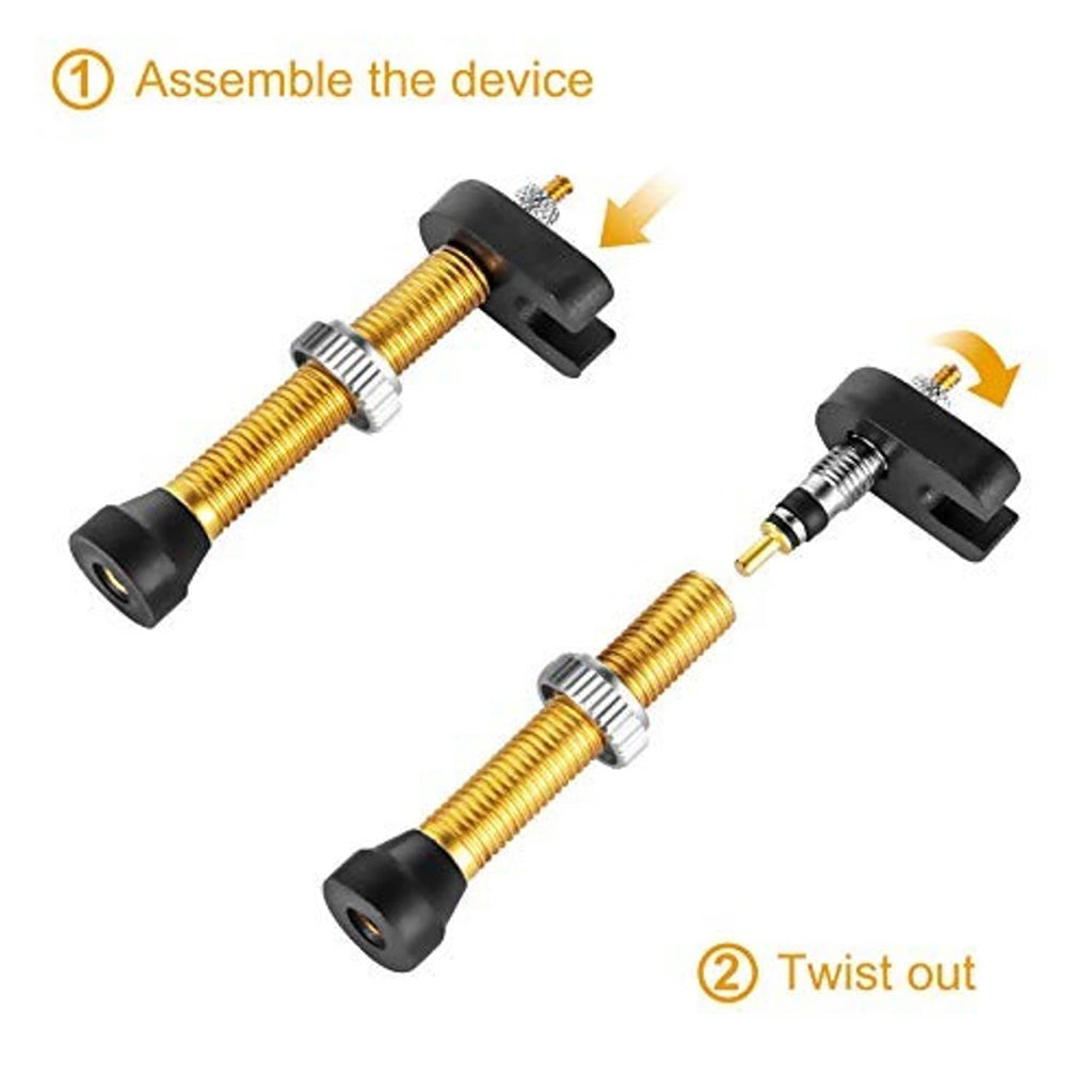 Tubeless valve stem assembly steps: insert core tool into brass valve stem
