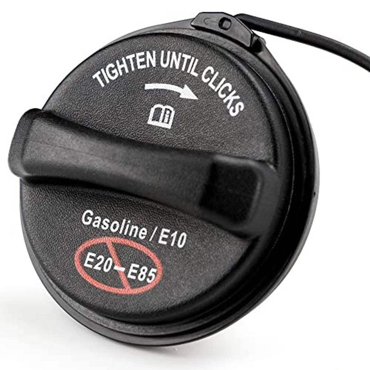 Black fuel gas cap with tether, “Gasoline/E10” and “E20–E85” label on top