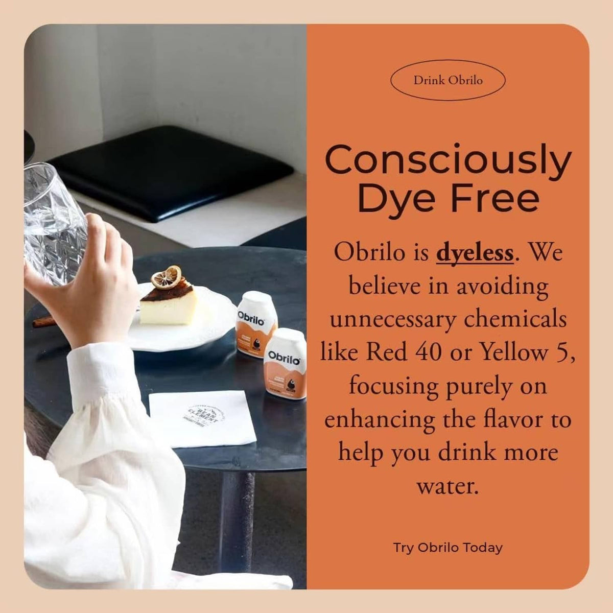 Dye-free water enhancer marketing card showing small Obrilo bottles and orange panel