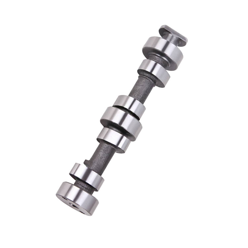 Camshaft with stepped lobes and dark bearing surfaces, silver metal