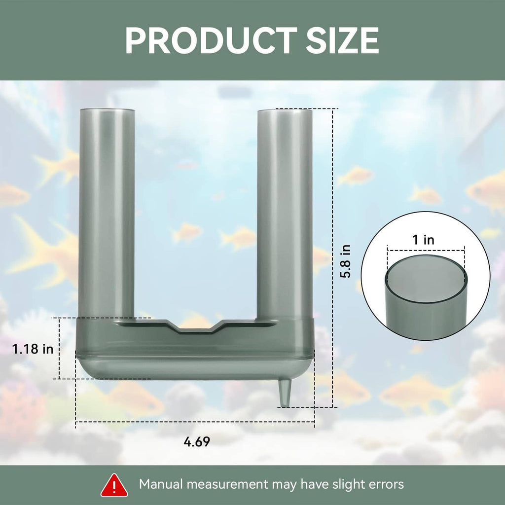 Side view of U-shaped aquarium intake stem with twin vertical tubes and top outlet
