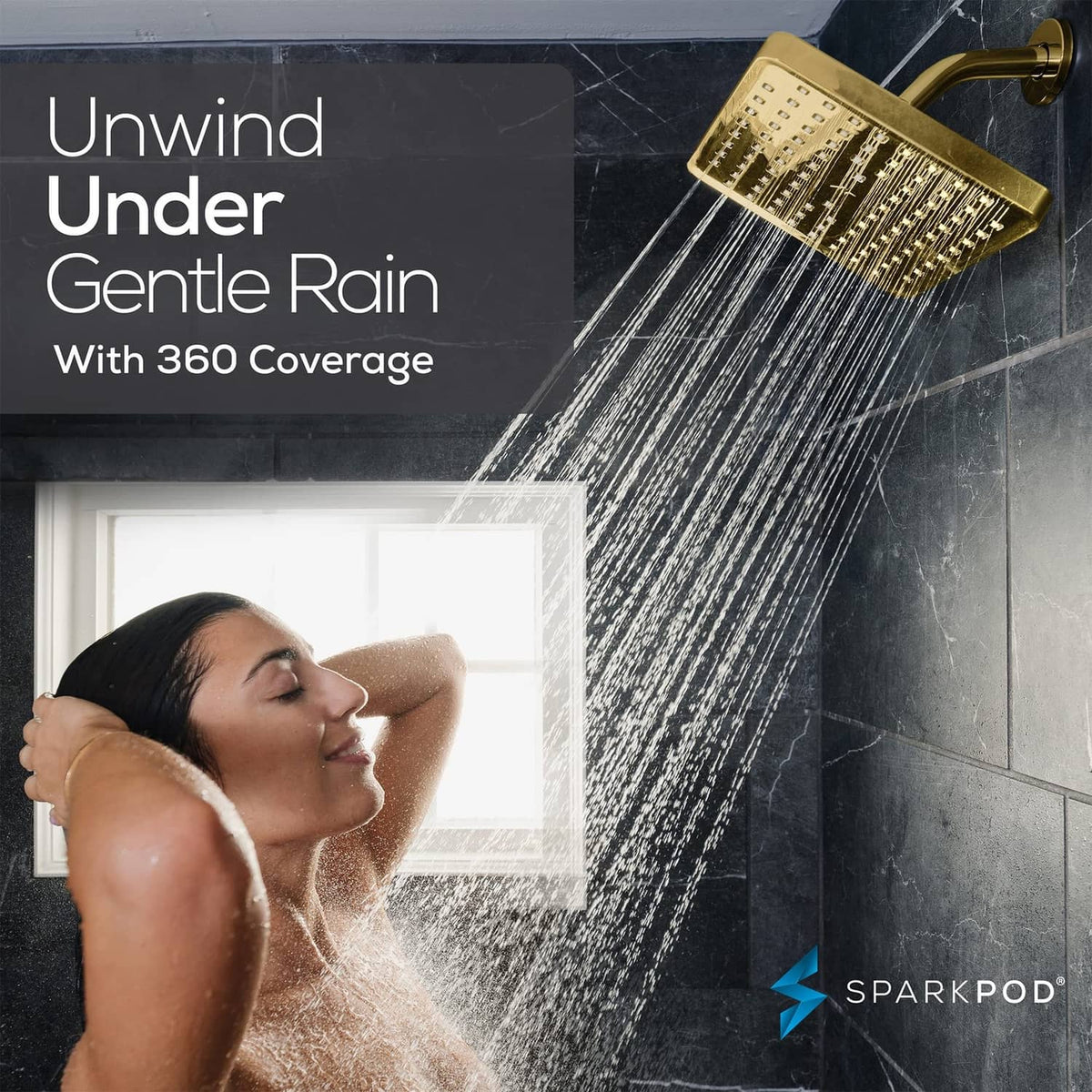 Egyptian gold 8-inch square rain shower head delivering gentle 360 coverage spray