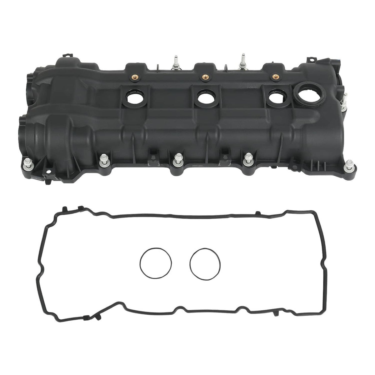 Black engine valve cover assembly with bolt holes and separate valve cover gasket
