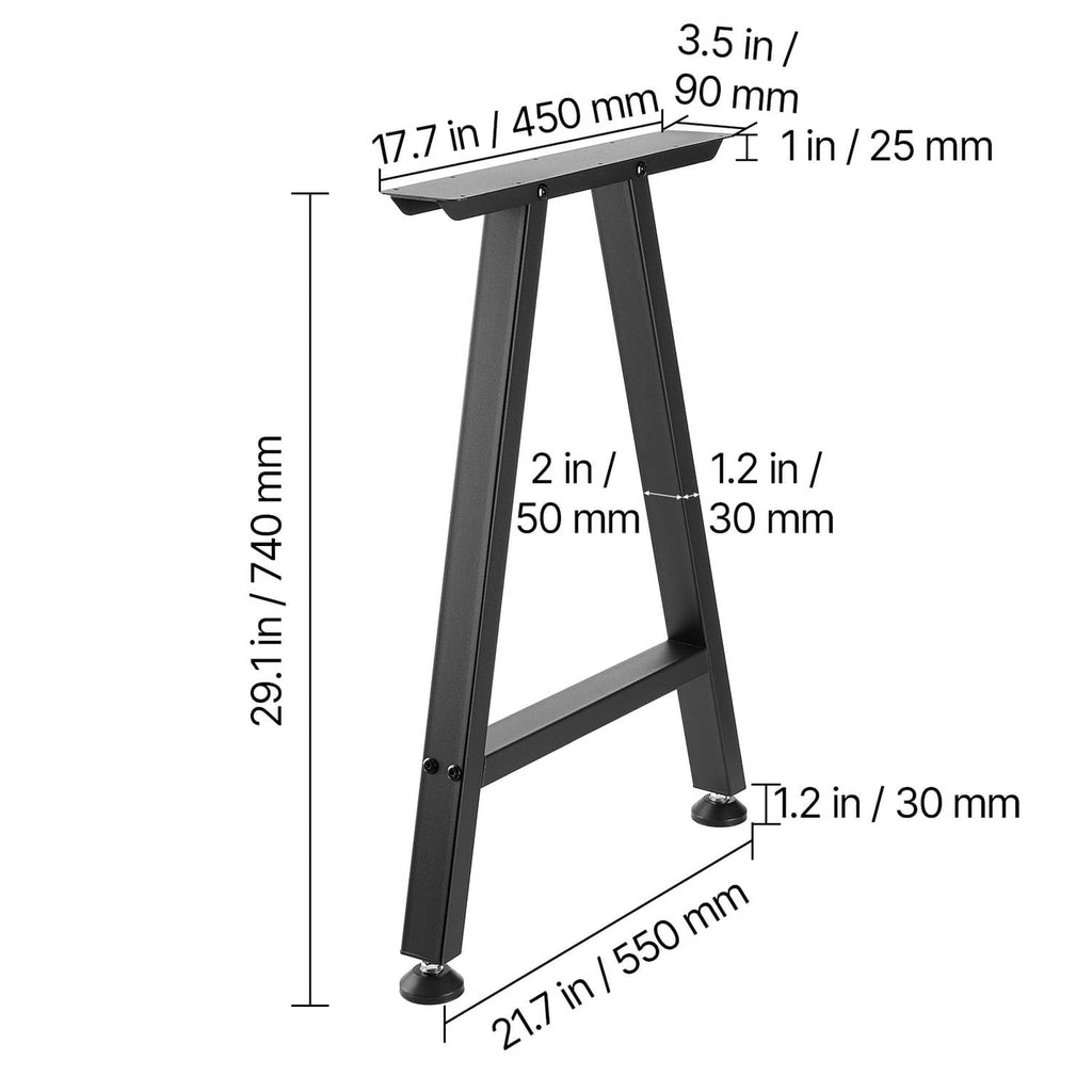 Black trapezoid table leg diagram showing overall height and base footprint