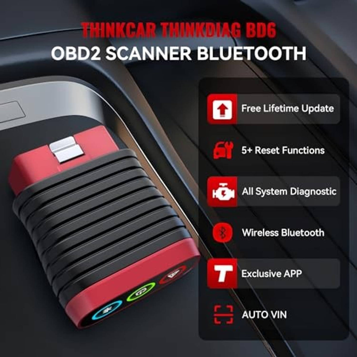 Bluetooth OBD2 scanner with red housing and black ribbed connector, angled view