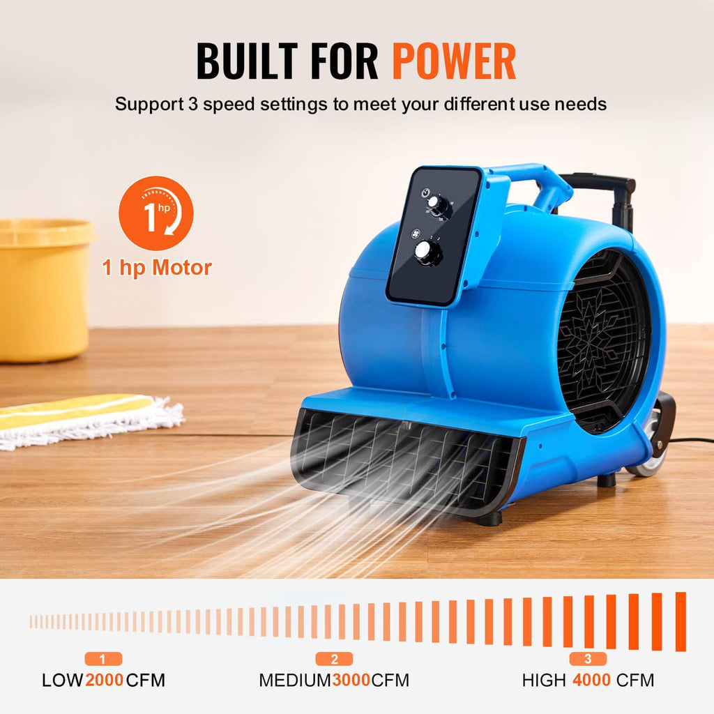 Blue floor blower with black control panel and front airflow fan, angled toward floor