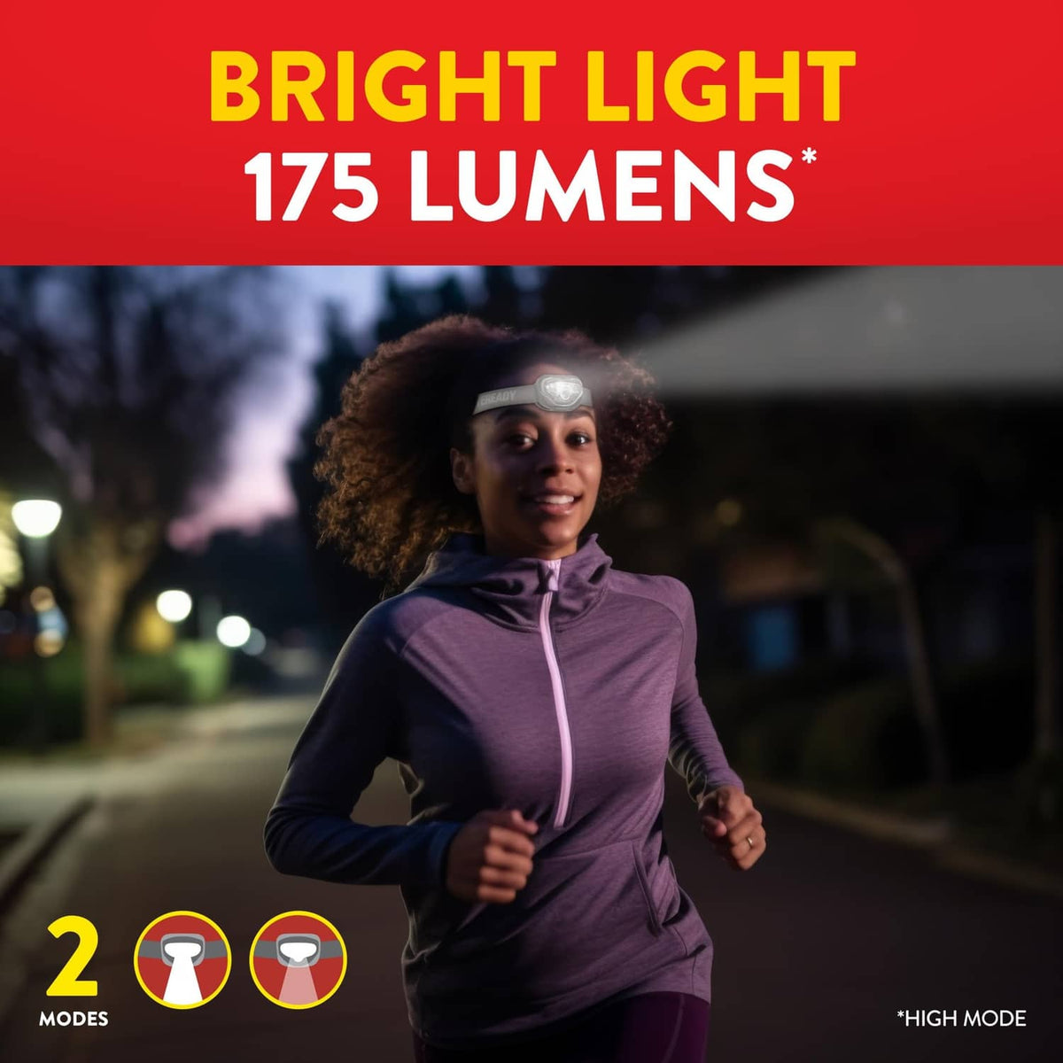 Runner wearing a gray EVEREADY LED headlamp with adjustable head strap
