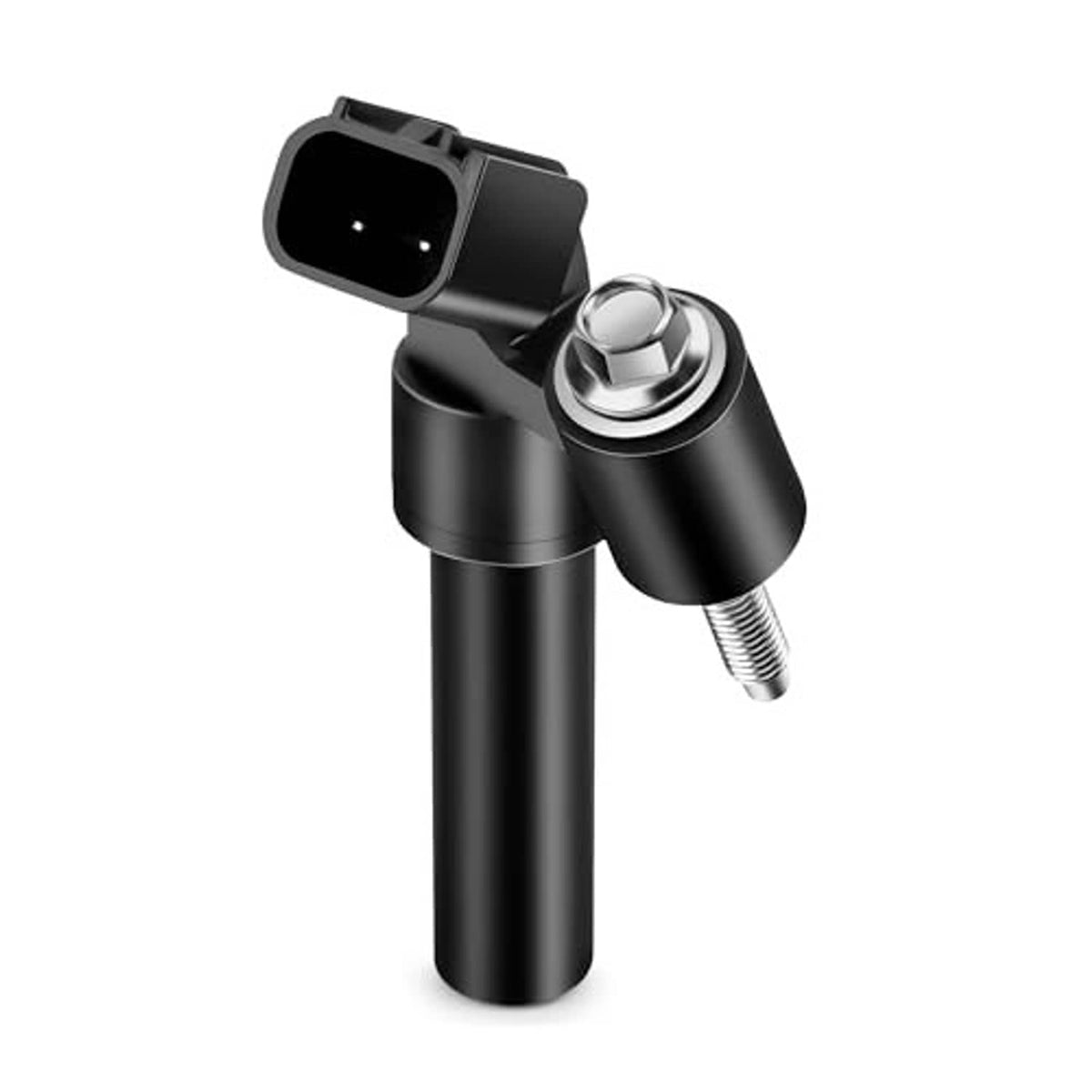 Black crankshaft position sensor, angled view, with electrical plug and threaded stud