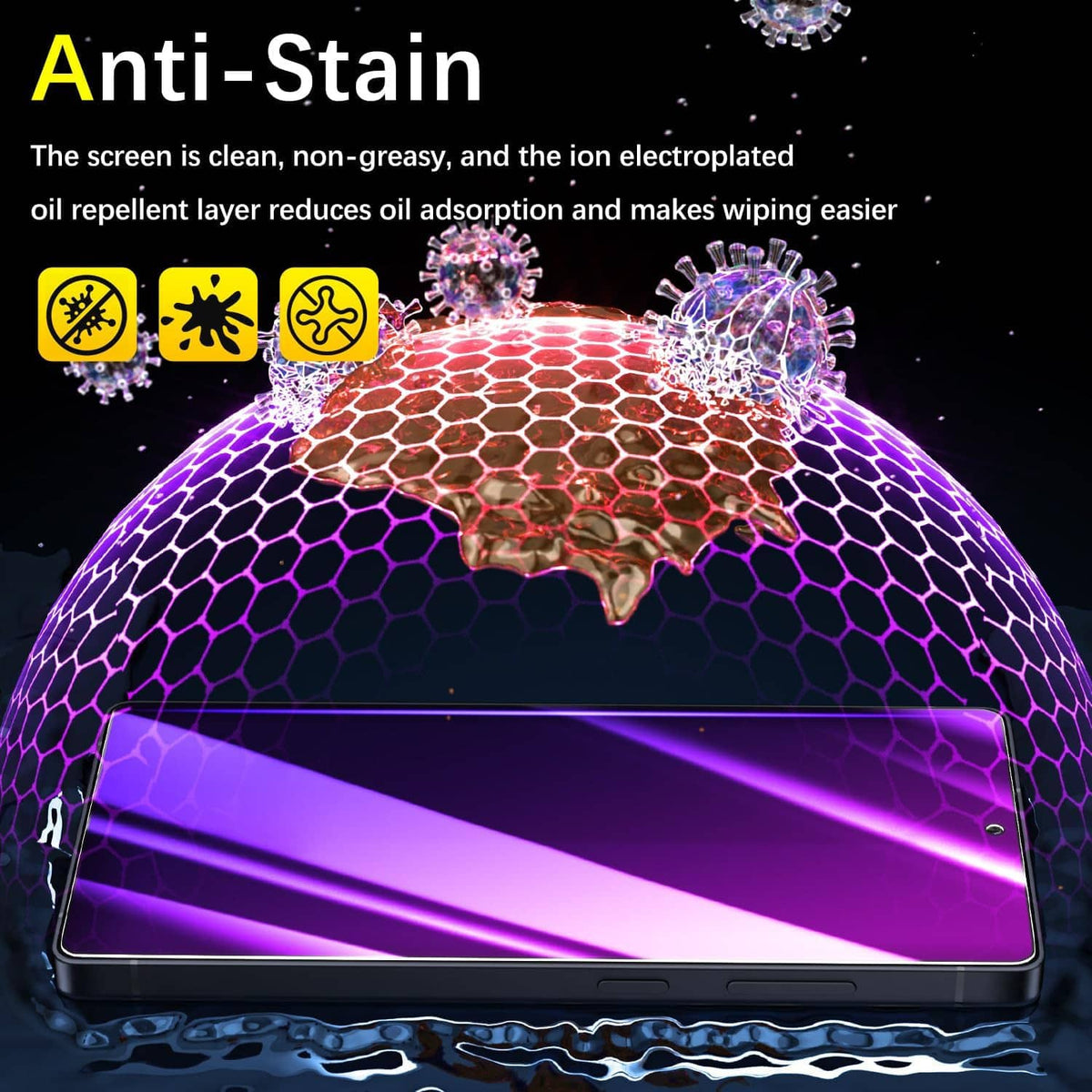 Anti-stain privacy screen protector with purple glass surface, easy-wipe oil and water resistance